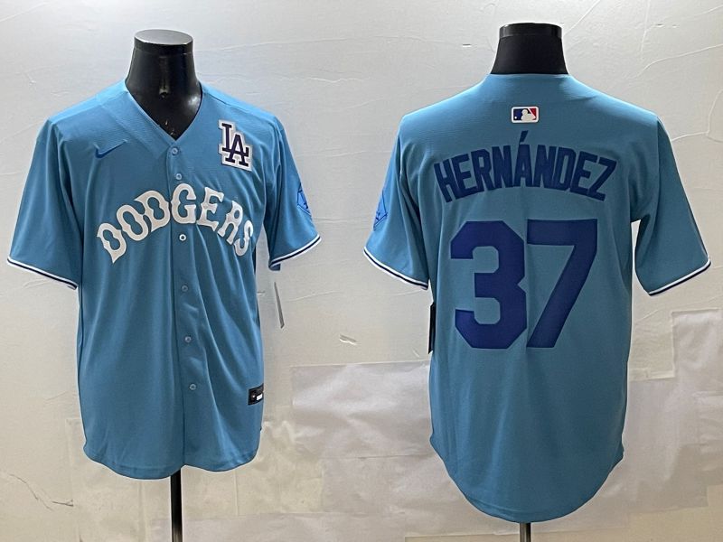 Men Los Angeles Dodgers 37 Hernandez Light Blue Joint Name 2025 Nike MLB Jersey style 6